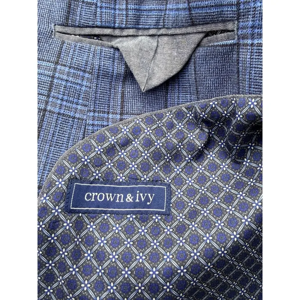 Crown & Ivy Men's 46R Blue Plaid Blazer Sport Coat Two Button Cotton Blend